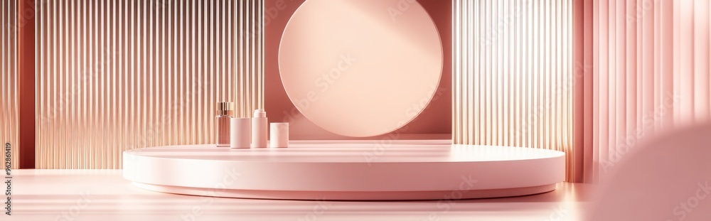Poster Empty podium against a minimalist abstract background featuring platforms for showcasing cosmetic products 3D illustration of a stylish display concept