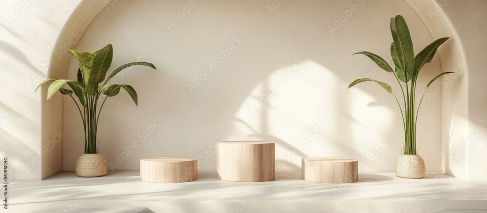 Poster Podiums featuring geometric shapes Minimalist backdrop Product display design for promotional purposes 3D rendering