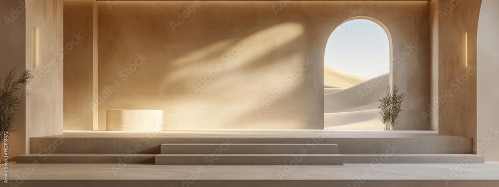Poster Contemporary minimalist interior design featuring sand dune views 3D rendering Clean backdrop with a podium ideal for advertising and presentations Elegant architectural design of the space