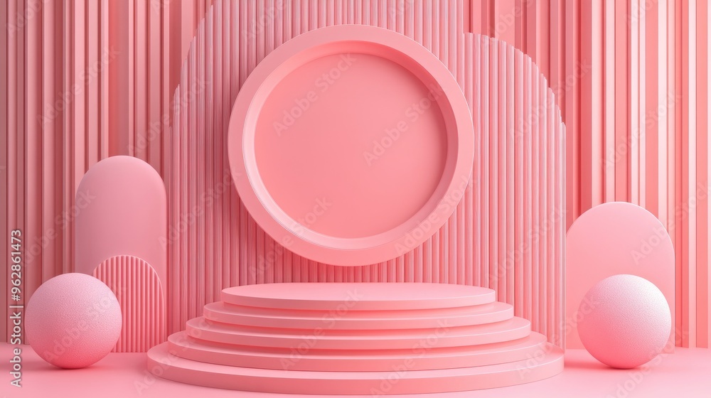 Poster empty podium featuring geometric shapes in a pink pastel composition for a modern stage display and 