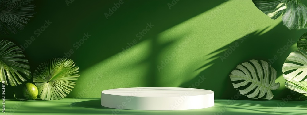 Poster Summer themed mockup for showcasing products White podium set against a green backdrop Clipping path applied to all elements 3D rendering illustration