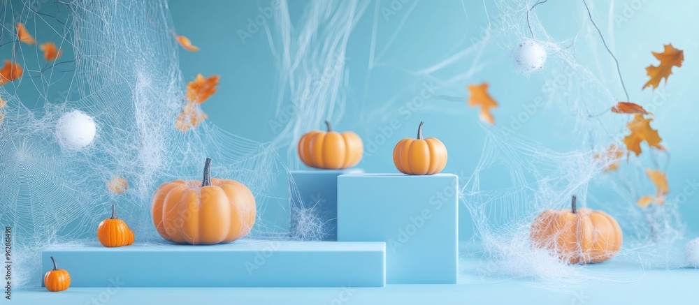 Poster pastel blue 3d illustration of an autumn themed product display podium background featuring pumpkins