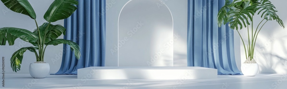 Poster empty podium with blue curtain featuring an arch and monstera leaves in a white setup designed for m