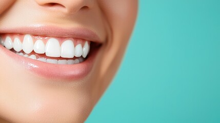 Obraz premium Detailed shot of a female face with a joyful smile and perfect teeth, emphasizing her natural beauty, confidence, and warmth through her expression. 