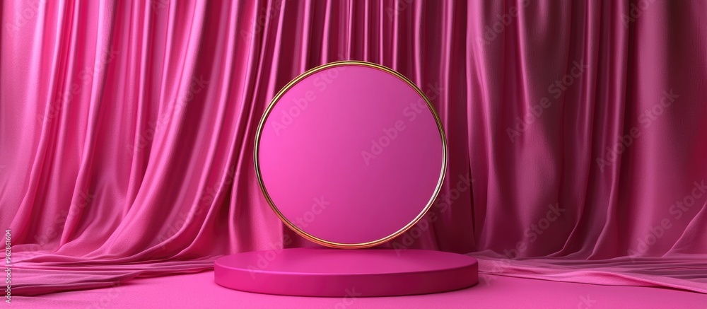 Poster vibrant magenta and neon pink 3d rendered luxury product display podium on textured fabric with gold