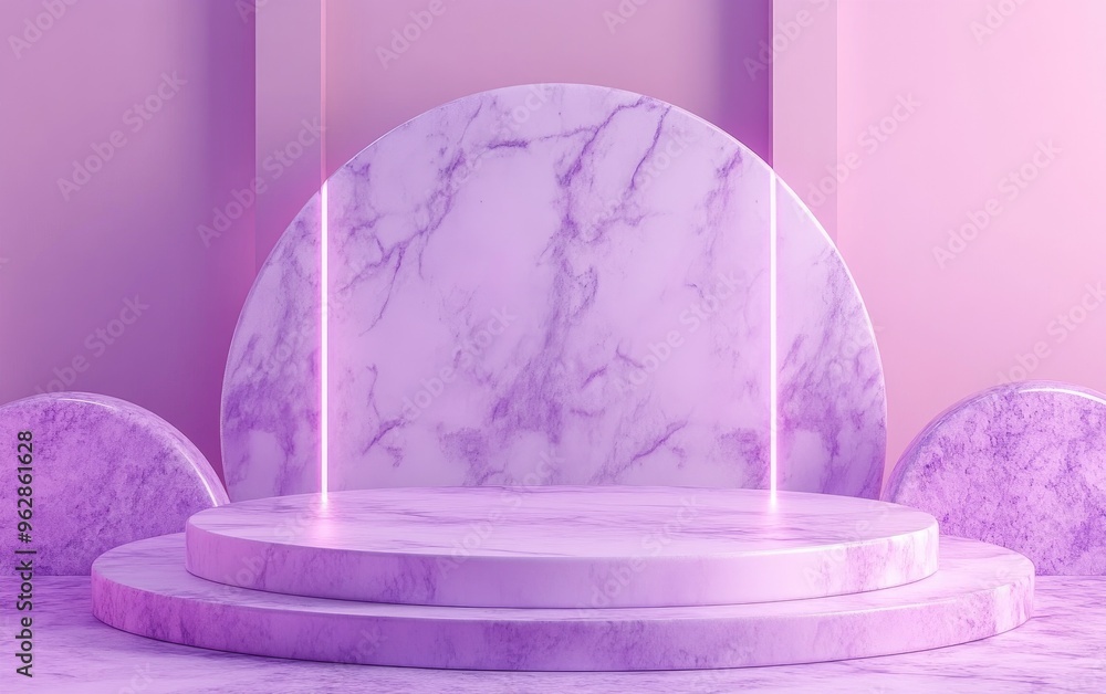 Poster Minimalist 3D geometric shapes on a pastel violet background An empty marble purple podium A scene featuring geometrical forms Display for cosmetic product presentation 3D render