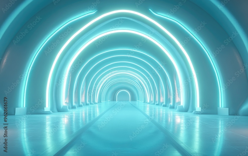 Poster futuristic architectural background featuring a glowing arched interior in 3d render
