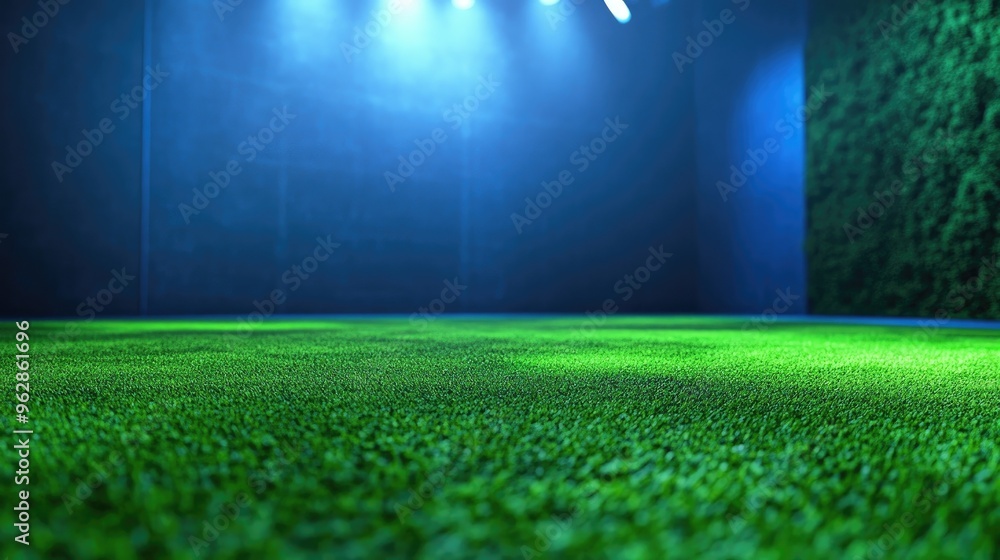 Poster close up of a green stage in a blue studio environment 3d rendering