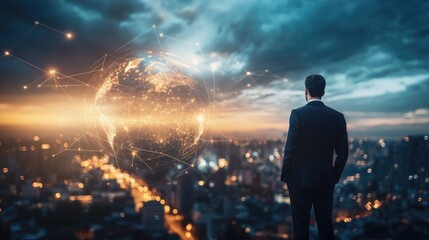 Fototapeta premium Global Network Connections: A Man's View of the World's Interconnectedness