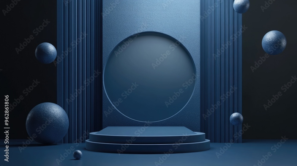 Aufkleber dark blue geometric backdrop featuring a podium in a blue thematic design 3d rendering
