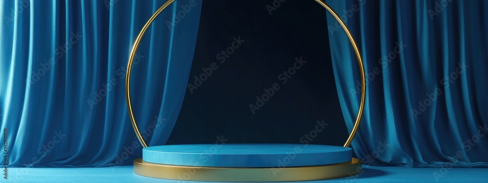 Aufkleber Empty blue cube podium with a gold border arch against a blue curtain background Abstract minimalist 3D geometric shape for product display mockup 3D rendering
