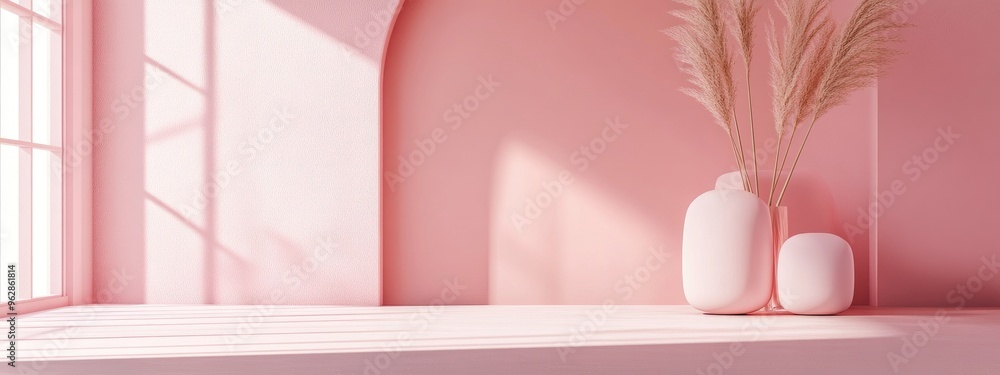 Poster Product display in a pink studio environment featuring a minimalist design and 3D rendering