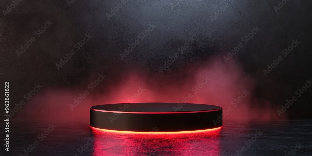 Poster black podium with red light emission against a dark background for advertising display 3d rendering