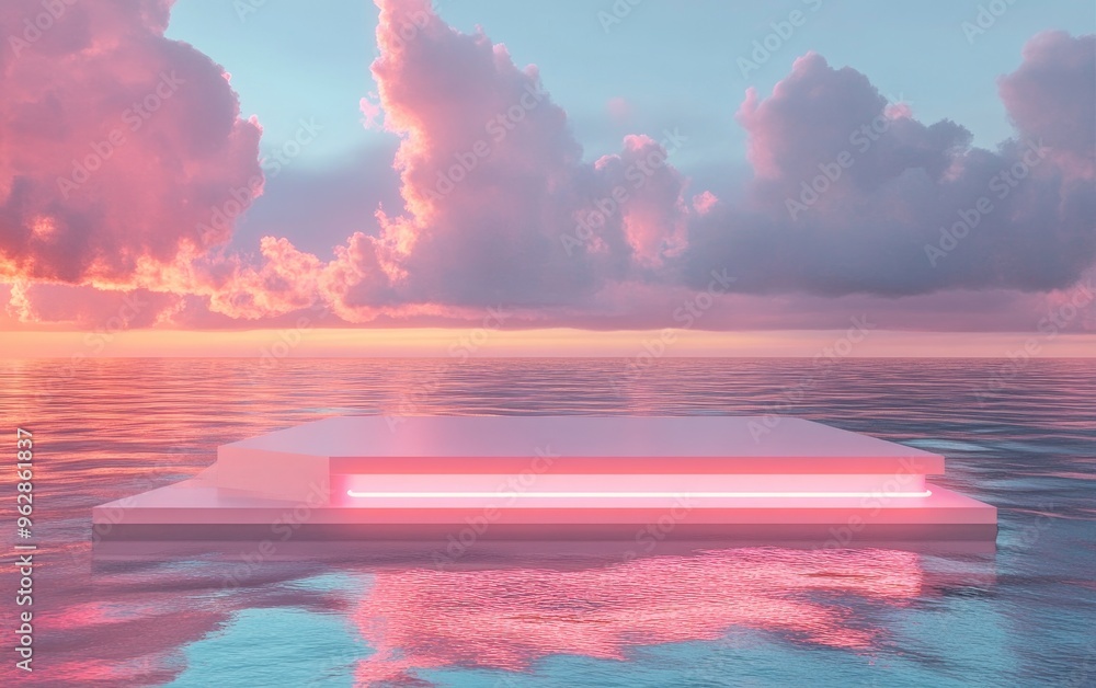 Poster Water podium with a colorful sky backdrop for advertising display 3D rendering