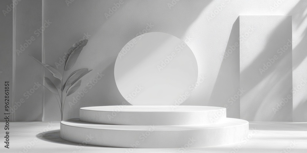 Poster empty white podium with geometric shapes in a gray setting for contemporary stage presentation and m