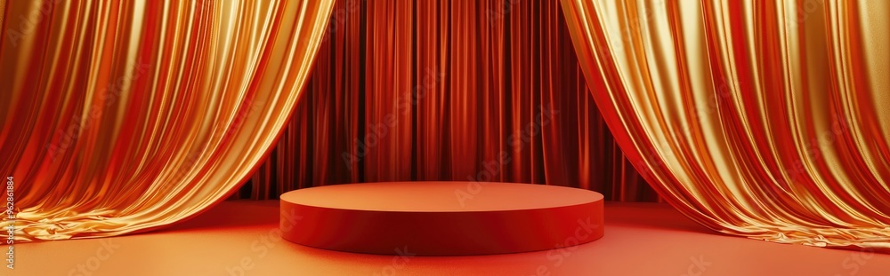 Poster podium draped in red fabric with a gold curtain in the background 3d illustration