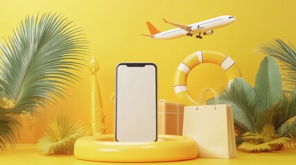 Mobile phone and smartphone next to a lifebuoy stage podium palms with QR code scanning a plane and a suitcase paper bag on a yellow background Theme of online shopping and summer travel vacation