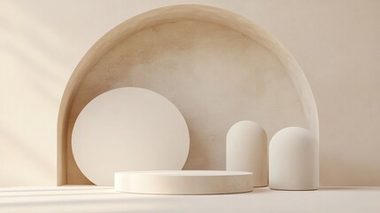 Fototapeta premium Abstract minimalistic composition featuring geometric shapes 3D rendered illustration showcasing a podium for product showcase Concept of abstract geometry