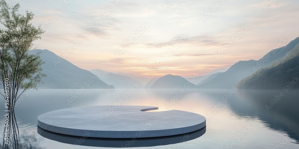 Poster scenic lake sunset podium with sky backdrop for product presentation featuring a nature inspired lan