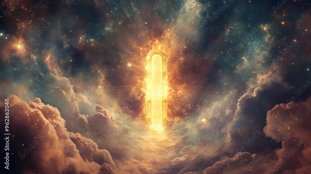 Poster a golden archway appears in the clouds against a backdrop of stars and nebulae, representing a passa