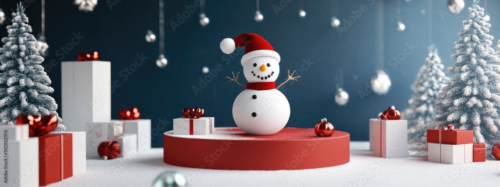 Poster mockup podium for product display featuring a christmas snowman scene in 3d rendering