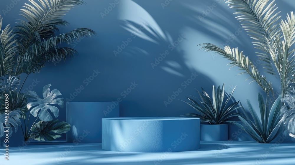 Poster monochromatic blue scene featuring a cylindrical podium for product display with plants in the backg