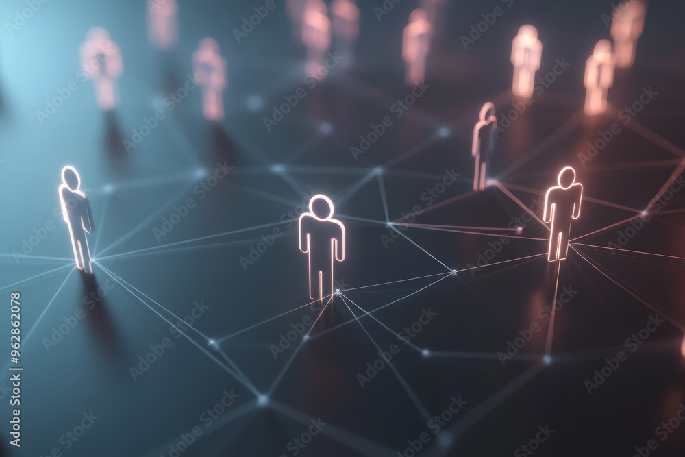 Poster digital network connecting individuals, representing virtual interactions and social connections in 