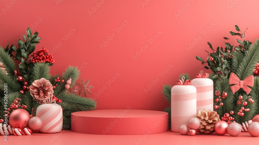 Poster Festive Background and Podium with Cylindrical Product Display Ideal for Showcasing Products and Promoting Seasonal Events 3D Rendering
