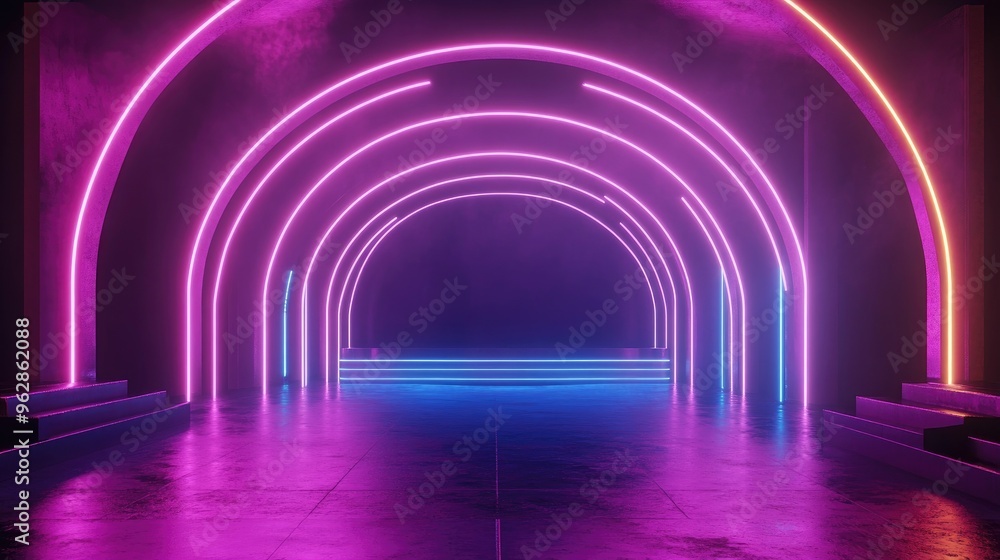Poster neon lit stage backdrop 3d rendering