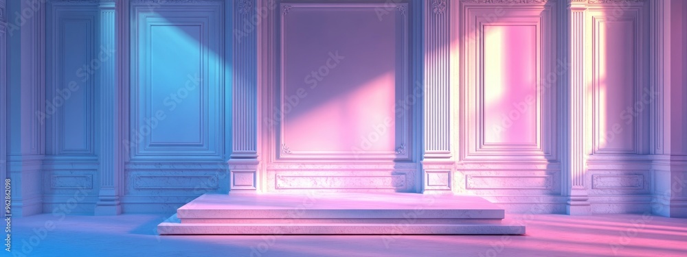 Aufkleber classic cornice molding with shadows on a plaster and marble wall behind a window exhibition podium 