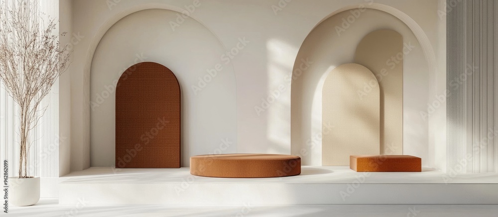 Poster Podiums featuring geometric shapes Minimalist backdrop Product display design for promotional purposes 3D rendering