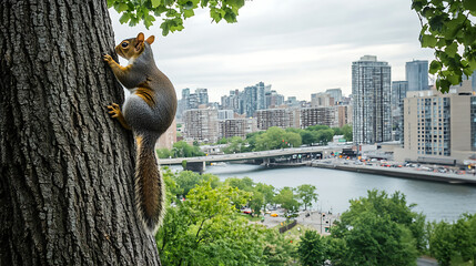 A squirrel climbing a tree in a small city park with concrete buildings and city traffic visible in the distance