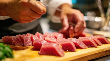 Sashimi Preparation: Chef Expertly Slices Fresh Fish for a Delicious Meal