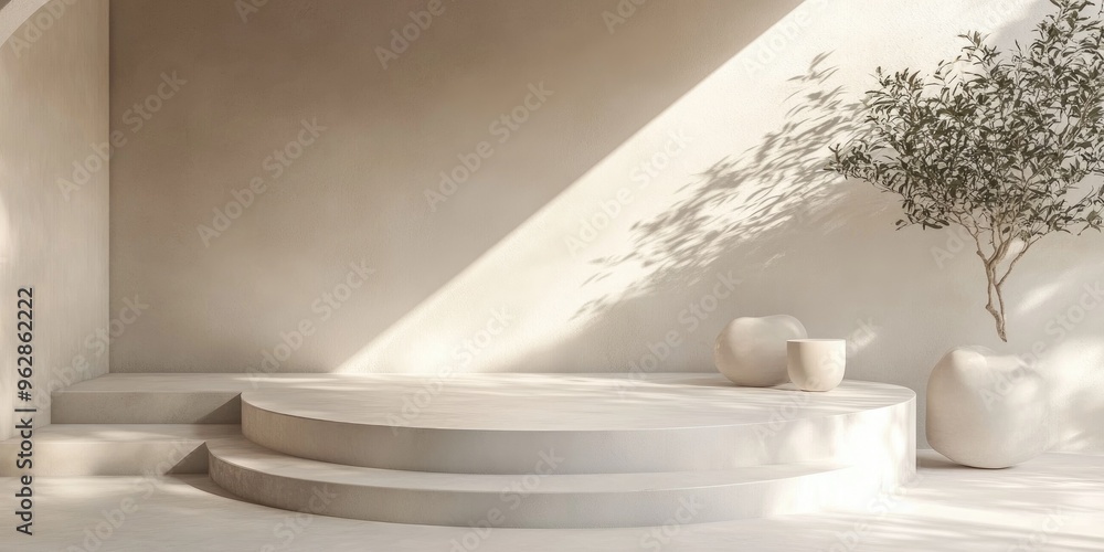 Poster Minimalistic display with an empty podium for product presentation 3D rendering