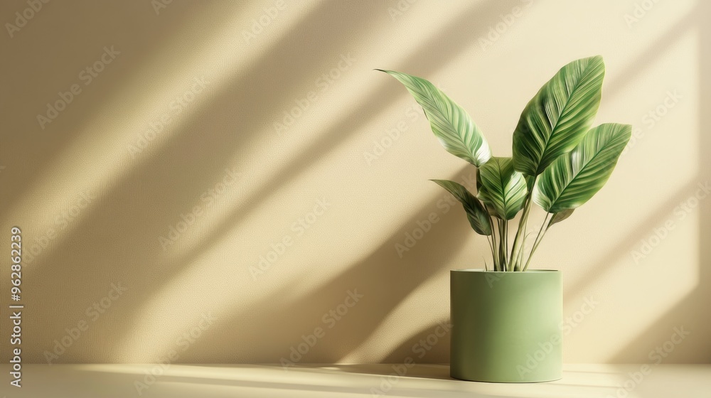 Poster calathea plant on beige wall 3d render of a green cylinder podium in an empty mockup setting