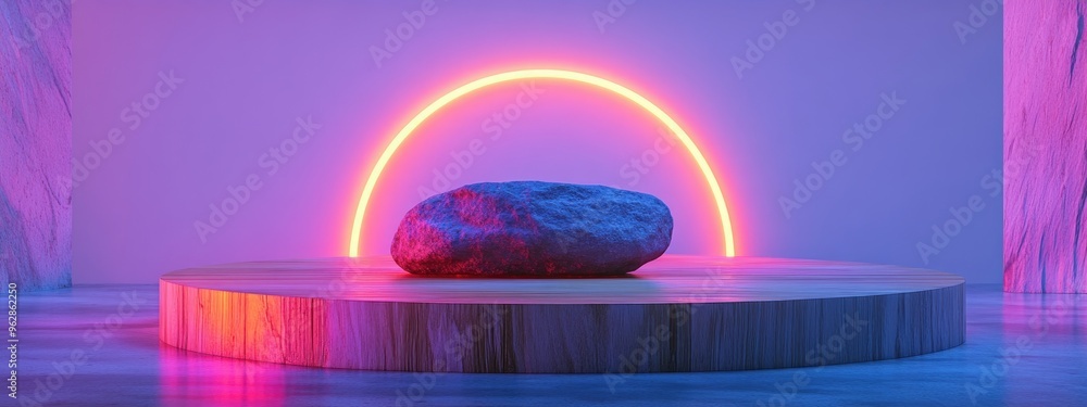 Poster wooden display podium featuring a stone against a white backdrop 3d rendering
