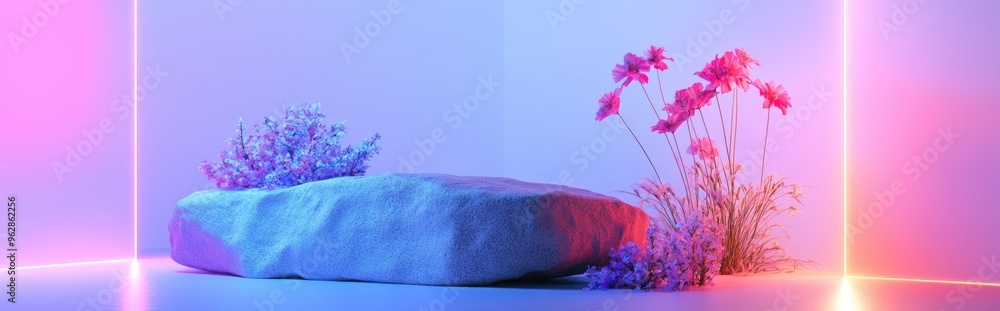 Poster a minimalistic composition featuring a stone adorned with flowers set against a light blue backdrop 