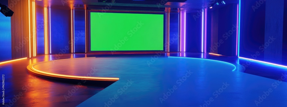 Poster Virtual TV studio environment with green screen backdrop 3D rendering