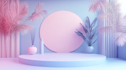 3D rendering with a pastel backdrop for showcasing products or cosmetics featuring a mock up for exhibitions in an unoccupied scene