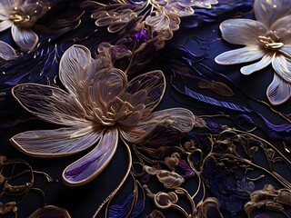 A futuristic textile design with intricate, swirling patterns of iridescent silk threads and glowing neon fibers that evoke a sense of otherworldly technology, set against a backdrop of deep