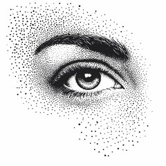 A close-up black and white illustration of a woman's eye with a dotted pattern around it.