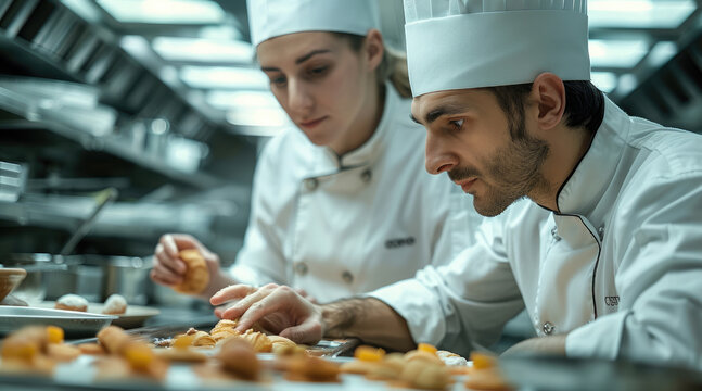 Two chefs working together in a professional kitchen. The younger chef is meticulously arranging pastry elements on a flat surface, while the older chef observes and provides guidance. Generative AI.