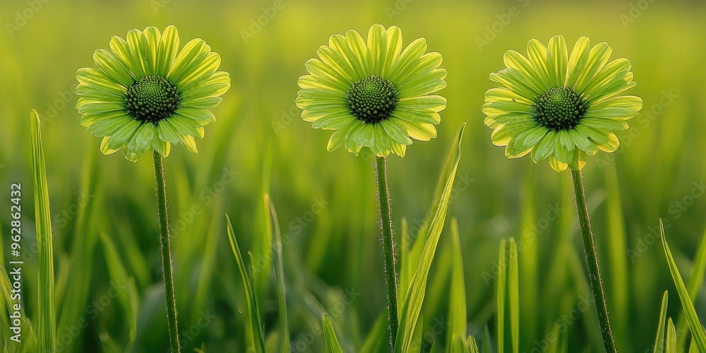 Wall mural three green flowers in grass beside rice fields