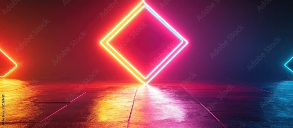 Poster neon rhombus shape on a dark backdrop illuminated with vibrant lights abstract 3d design