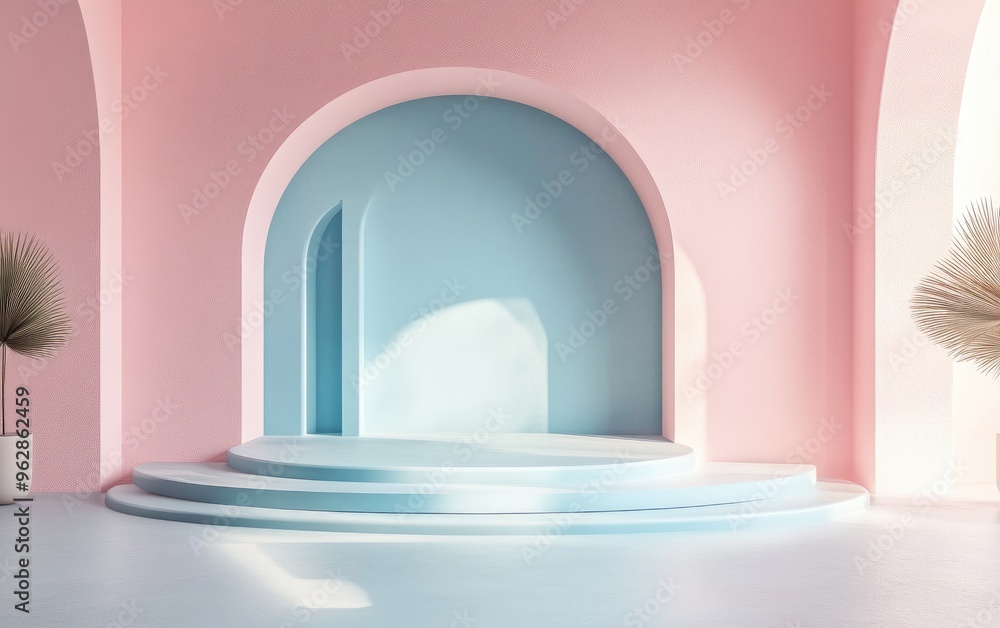 Fototapete abstract geometric shape in pastel pink and blue tones featuring a minimalistic modern style wall ba