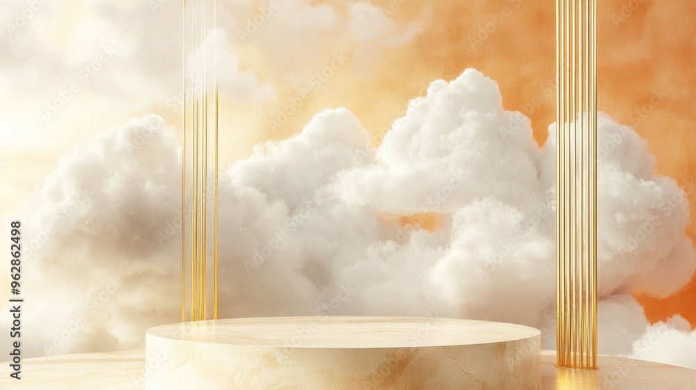 Aufkleber Light beige and pastel orange 3D rendering of a product display podium featuring abstract clouds and golden lines set against a luxurious minimalist background with a cylindrical platform