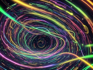Luminous vibrant glow of neon rings, abstract 3d light effect illustration. Magic glowing speed motion spin, glowing swirl trail circles, bright sparkling lines on dark black background