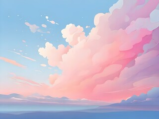 A stylized flat vector illustration of a subtle minimalist background featuring a serene atmosphere of a bright blue sky infused with soft, whimsical hues of pink and purple, creating a warm