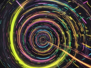 Luminous vibrant glow of neon rings, abstract 3d light effect illustration. Magic glowing speed motion spin, glowing swirl trail circles, bright sparkling lines on dark black background