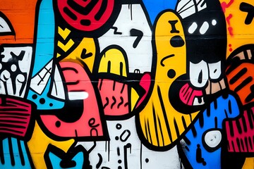 Obraz premium Vibrant and colorful graffiti art on a wall, featuring abstract shapes and bold outlines, creating a dynamic and playful composition.